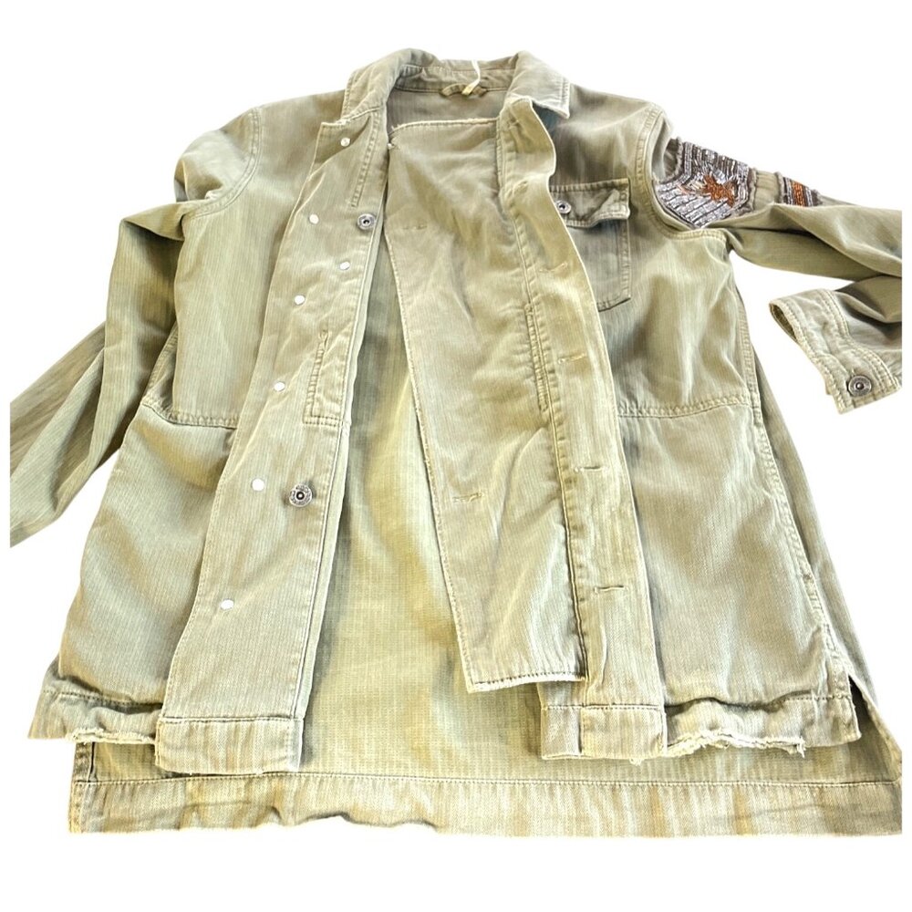 Free People Embellished Military Shirt Jacket Army Green Herringbone Jacket XS - Picture 5 of 8